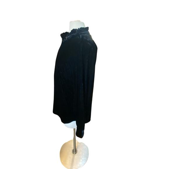 Talbots Black Velvet Long-Sleeve Blouse Ruffled Mandarin Collar Sz L Holiday - Picture 3 of 16